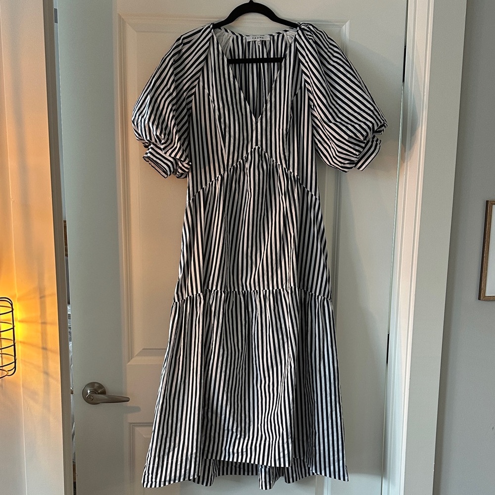 Frame Denim Striped Maxi Dress with Puff Sleeves